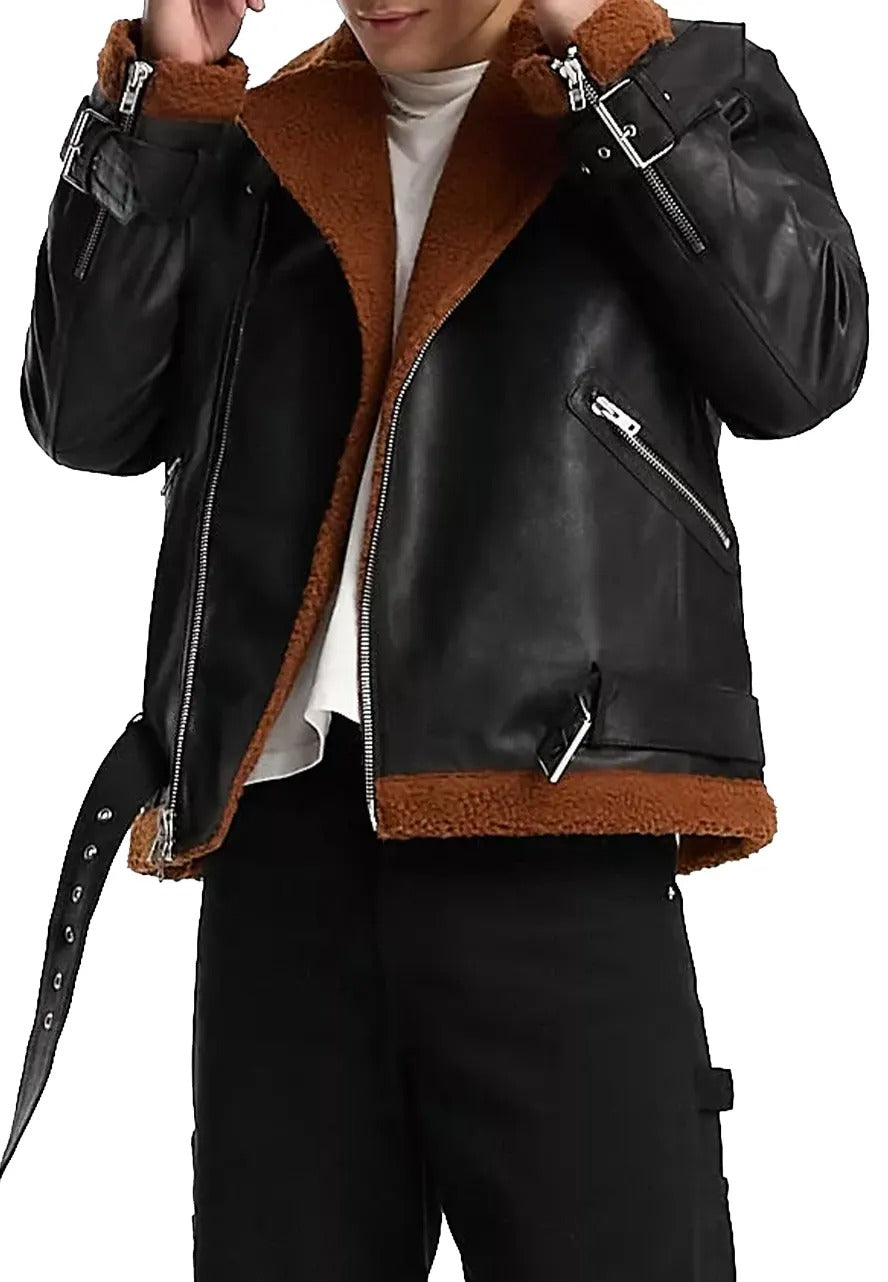 Men’s Belted Black Leather Shearling Jacket – Warm & Stylish Winter Outerwear