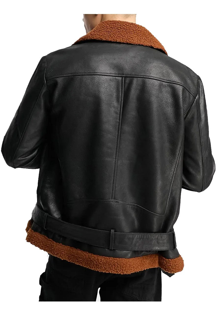 Men’s Belted Black Leather Shearling Jacket – Warm & Stylish Winter Outerwear