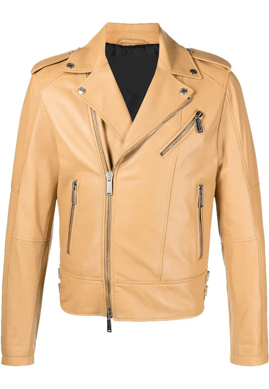 Men’s Beige Leather Biker Jacket – Classic & Versatile