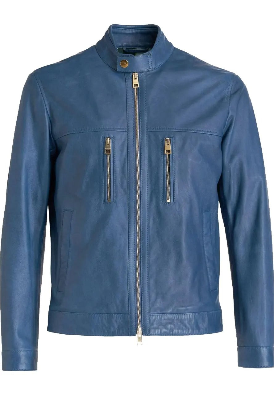 Men’s Classic Blue Leather Biker Jacket – Timeless & Stylish