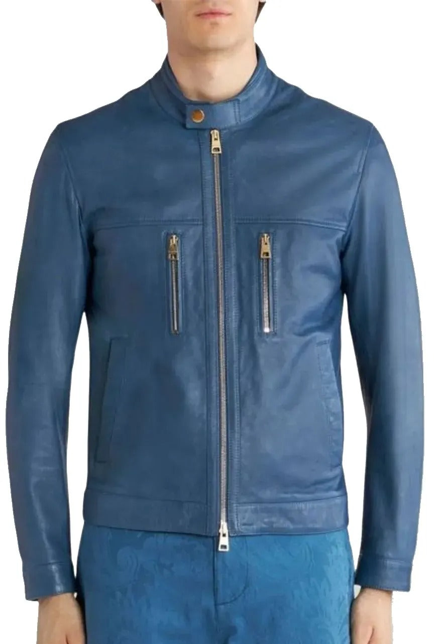 Men’s Classic Blue Leather Biker Jacket – Timeless & Stylish