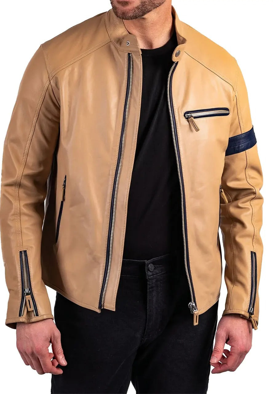 Men’s Light Tan Leather Biker Jacket – Stylish & Rugged