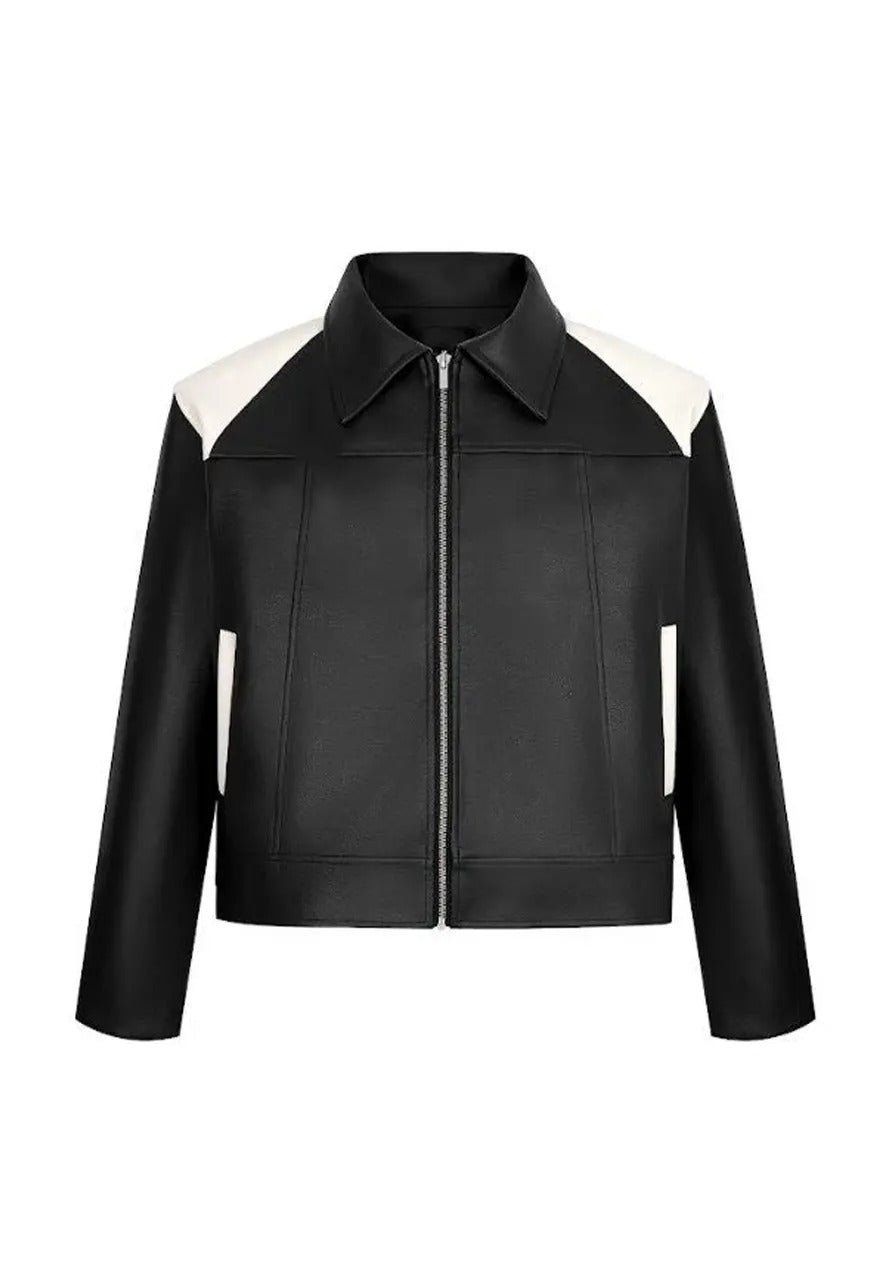 Men’s Black and White Leather Ryder Jacket – Bold & Sporty