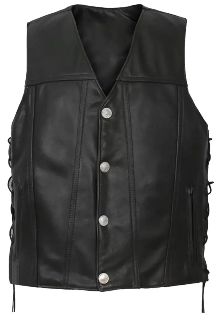 Men’s Black Biker Leather Snap Vest