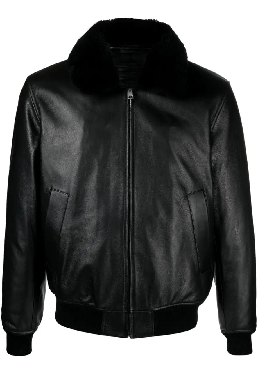 Men’s Black Bomber Leather Jacket with Shearling Collar – Classic & Warm Outerwear