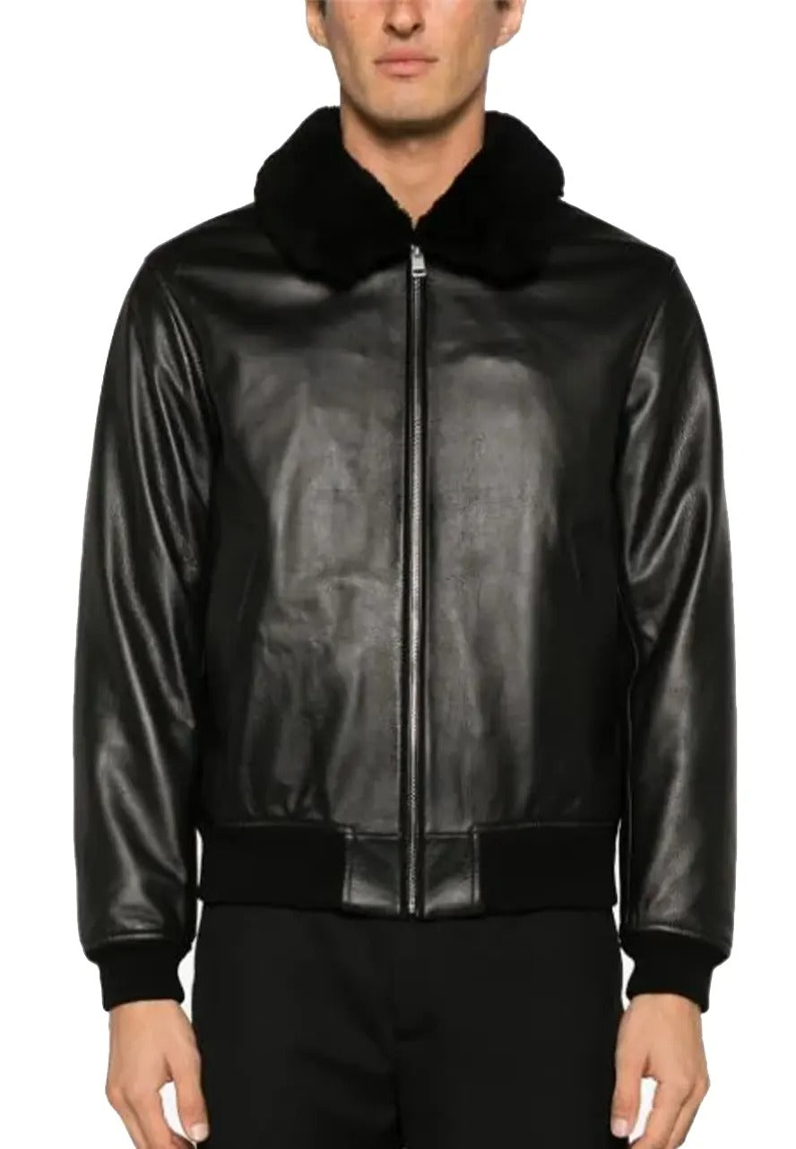 Men’s Black Bomber Leather Jacket with Shearling Collar – Classic & Warm Outerwear