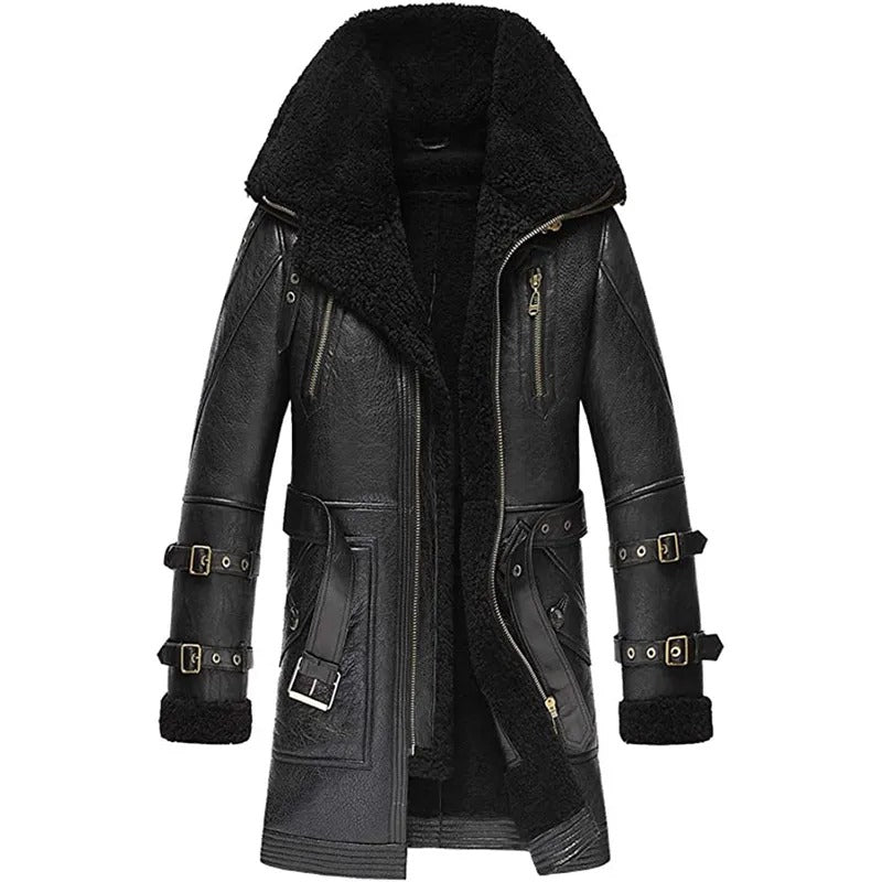 Men's Black Classic Fashion Long Style Leather Shearling Sheepskin Coat Fur Collar