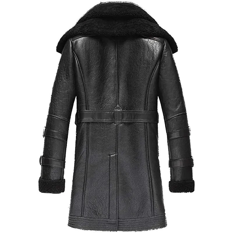 Men's Black Classic Fashion Long Style Leather Shearling Sheepskin Coat Fur Collar