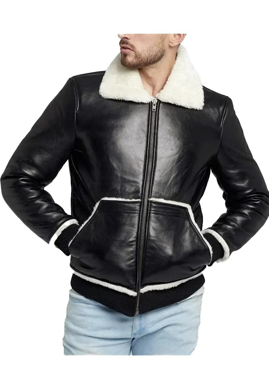 Men’s Black Faux Leather Bomber Jacket with Fur Collar – Stylish & Warm