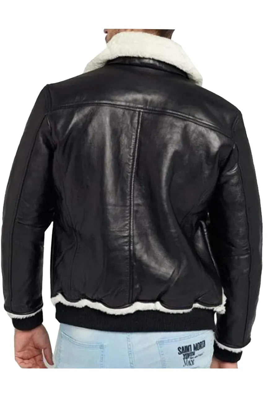 Men’s Black Faux Leather Bomber Jacket with Fur Collar – Stylish & Warm