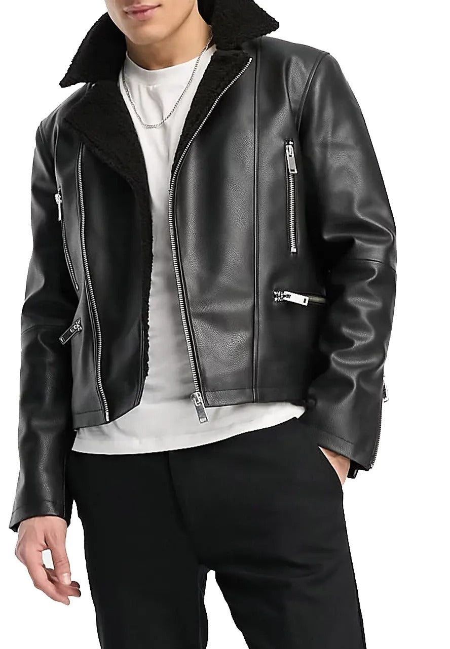 Men’s Black Leather Shearling Jacket – Warm & Stylish Winter Outerwear