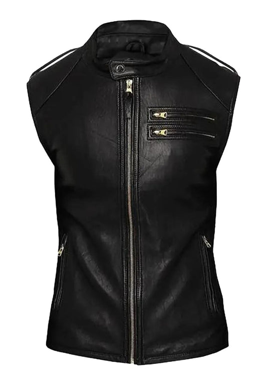 Men’s Black Leather Fitted Biker Vest

