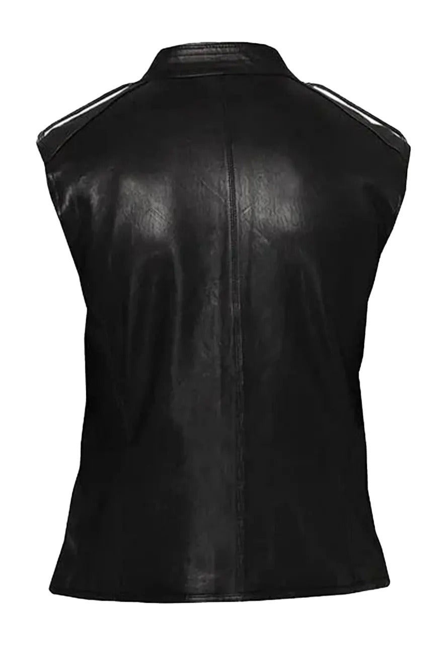 Men’s Black Leather Fitted Biker Vest

