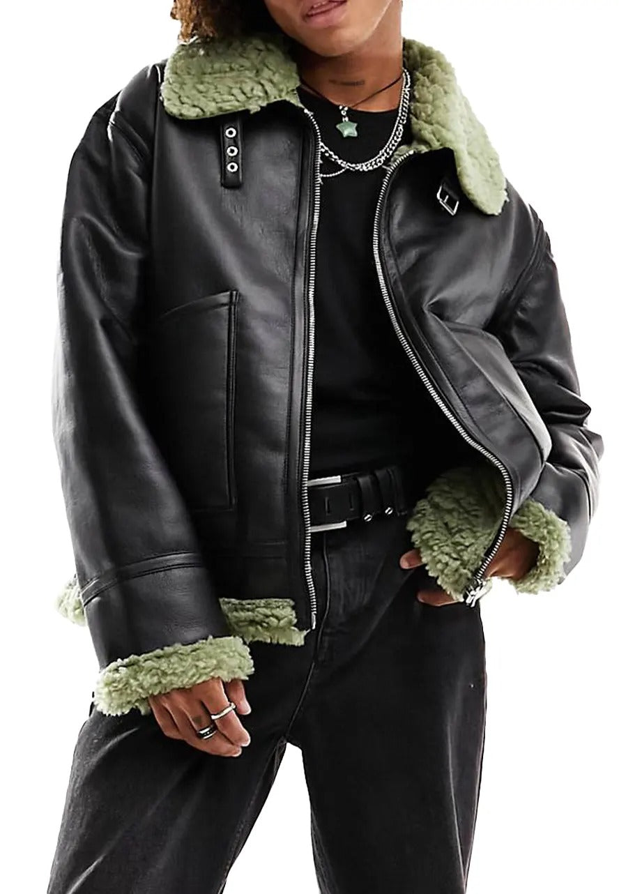 Men’s Black Leather Jacket with Green Shearling – Stylish & Warm Winter Outerwear