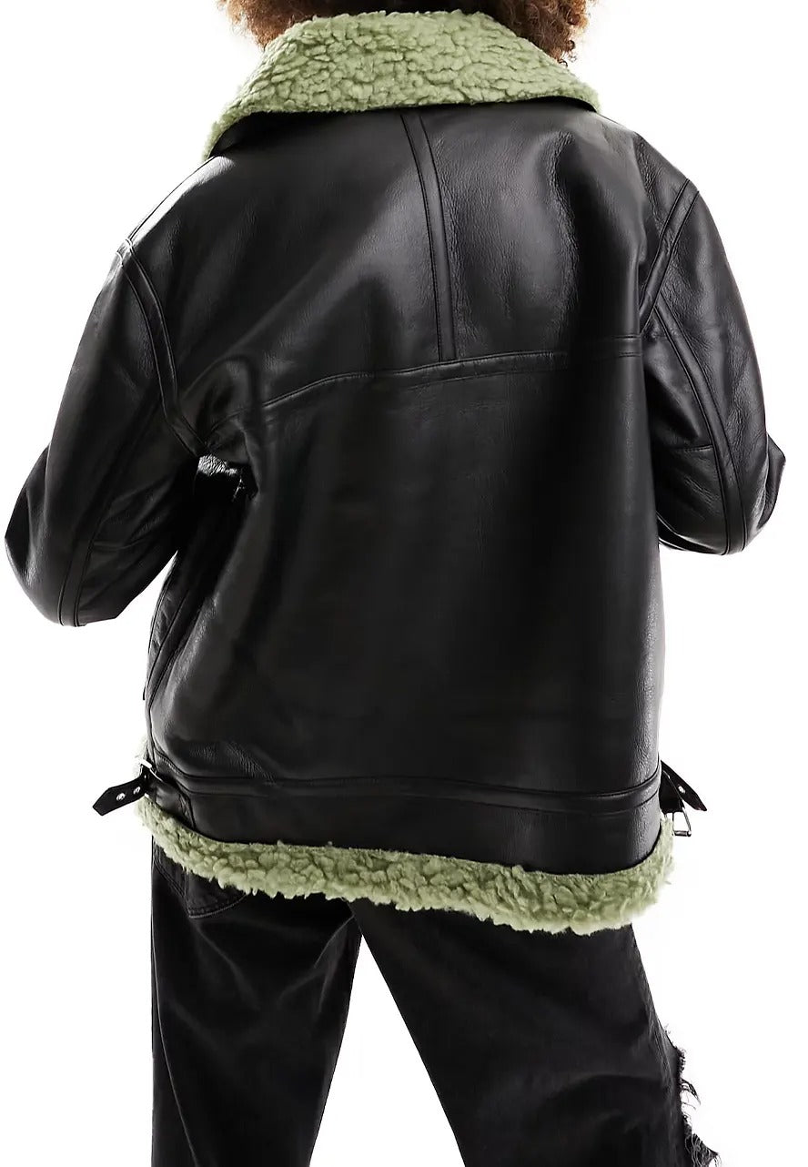 Men’s Black Leather Jacket with Green Shearling – Stylish & Warm Winter Outerwear