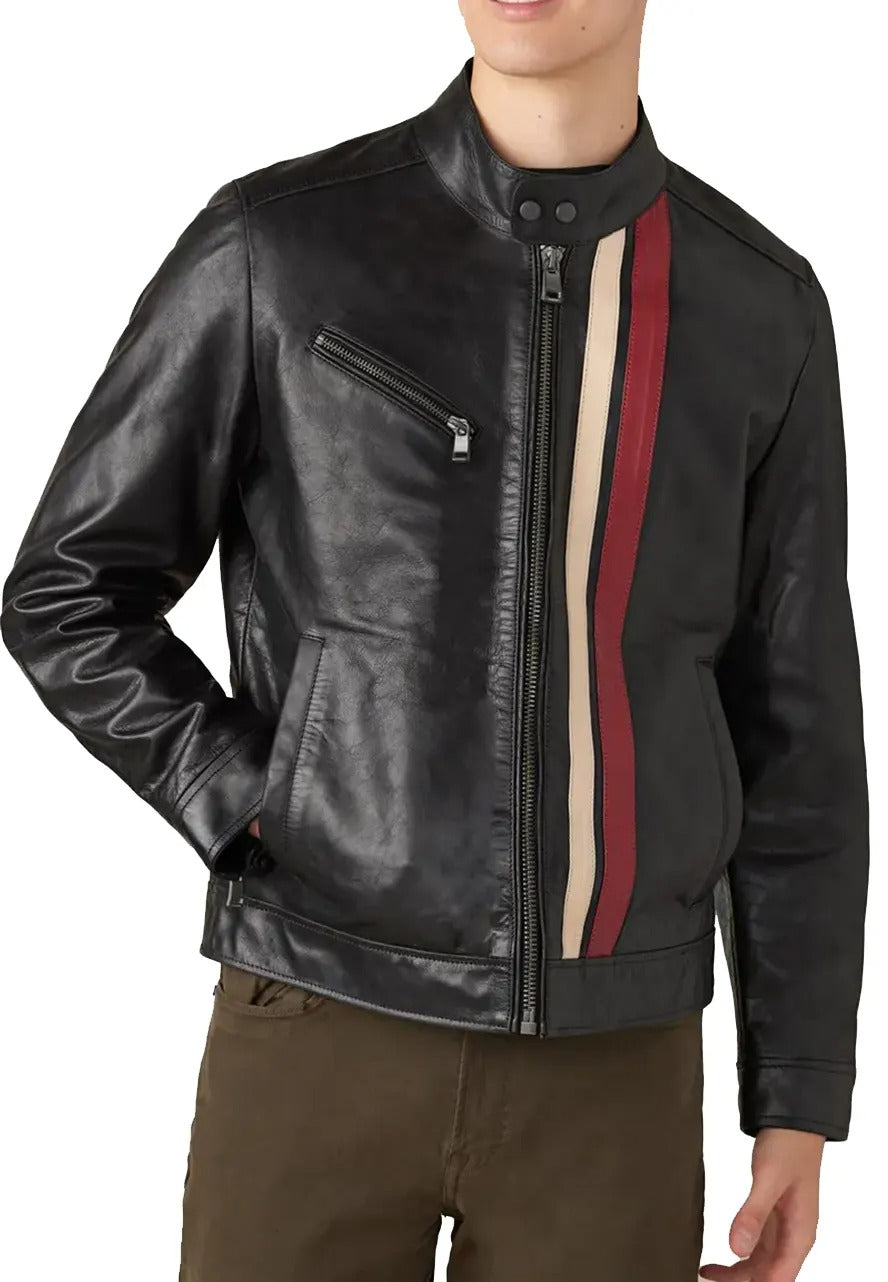 Men’s Black Leather Jacket with Multi-Stripe – Classic Racer Style