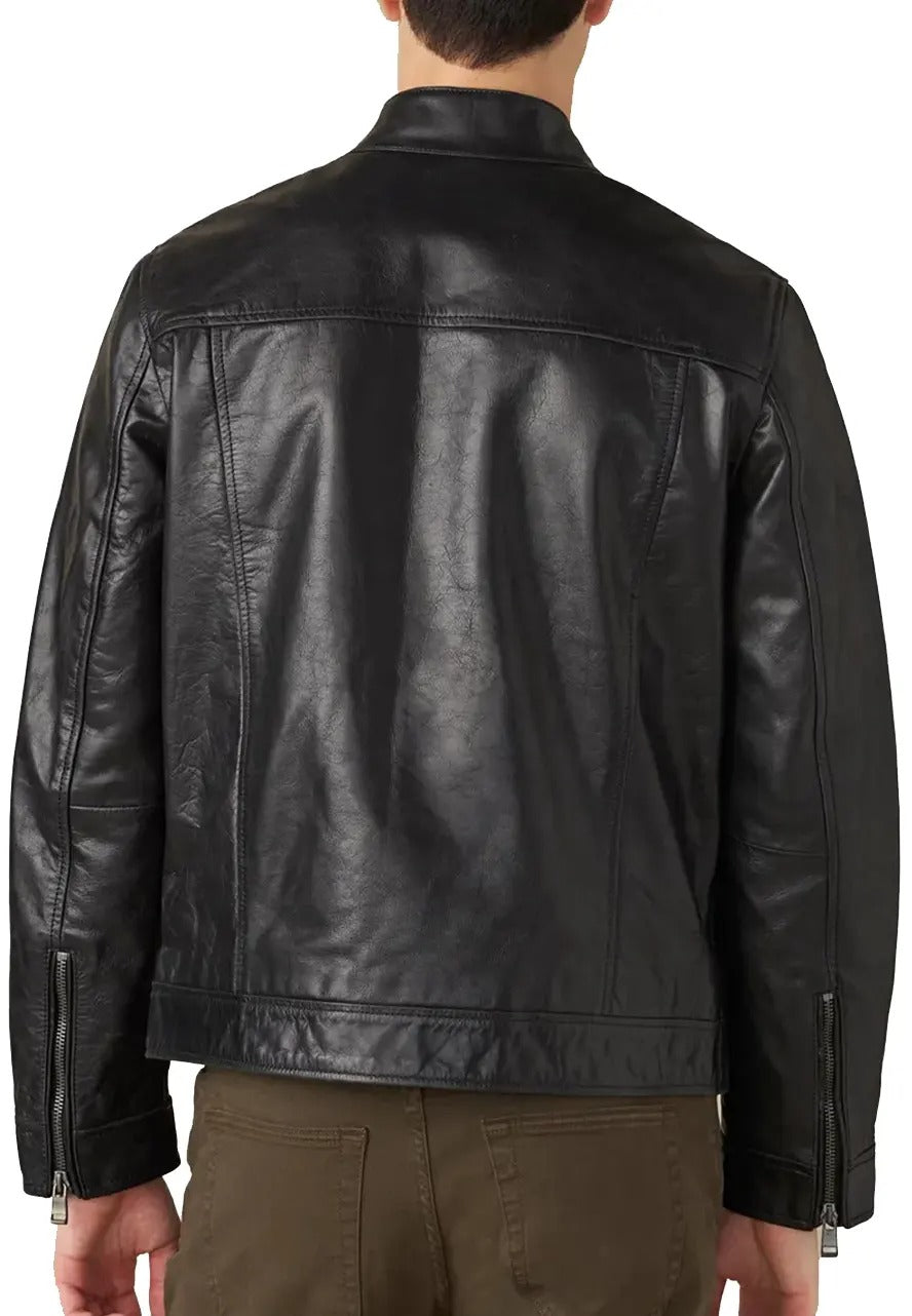 Men’s Black Leather Jacket with Multi-Stripe – Classic Racer Style