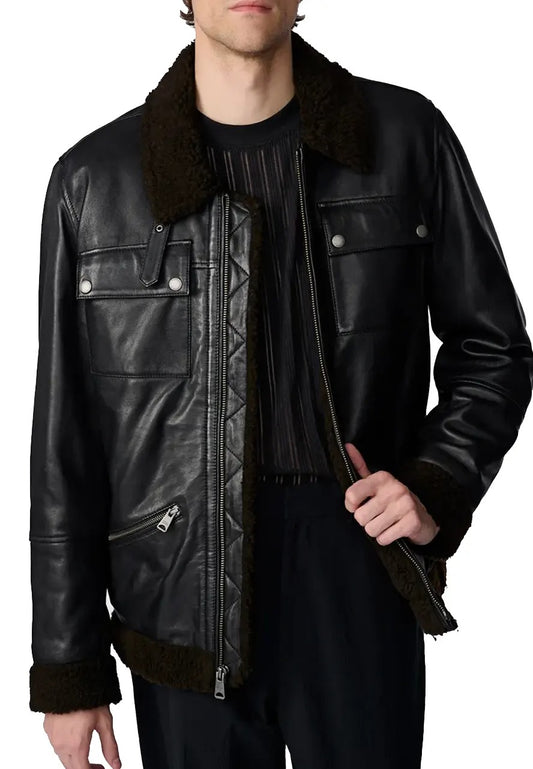 Men's Black Leather Moto Jacket with Sherpa Collar – Stylish & Warm Biker Outerwear