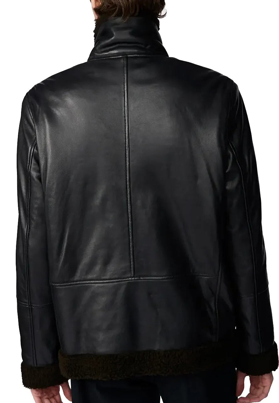 Men's Black Leather Moto Jacket with Sherpa Collar – Stylish & Warm Biker Outerwear