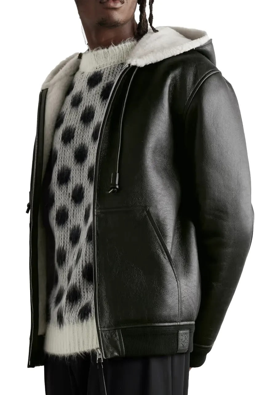 Men’s Black Leather Shearling Bomber Jacket with Hood – Warm & Stylish Winter Wear