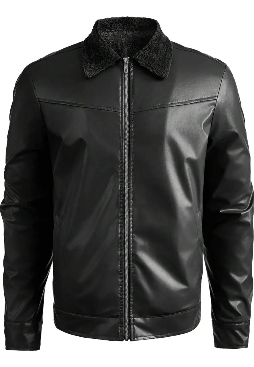 Men’s Black Leather Teddy Lined Jacket – Warm & Stylish