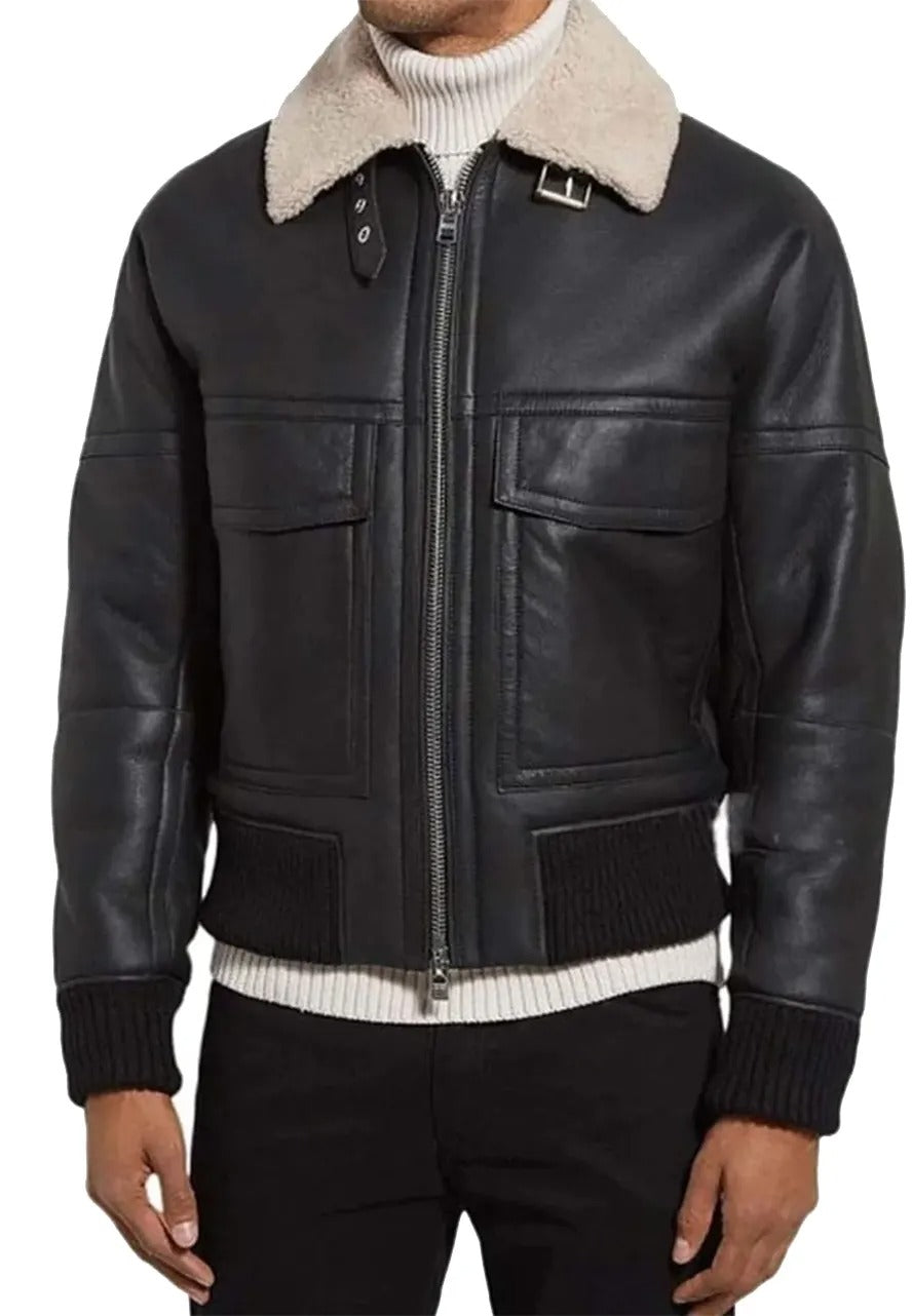 Men’s Black Leather Bomber Jacket with Shearling Collar – Stylish & Warm