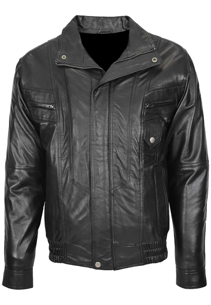 Men’s Blouson Black Leather Bomber Jacket – Sleek & Timeless