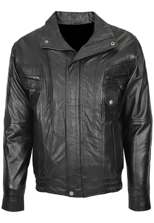 Men’s Blouson Black Leather Bomber Jacket – Sleek & Timeless