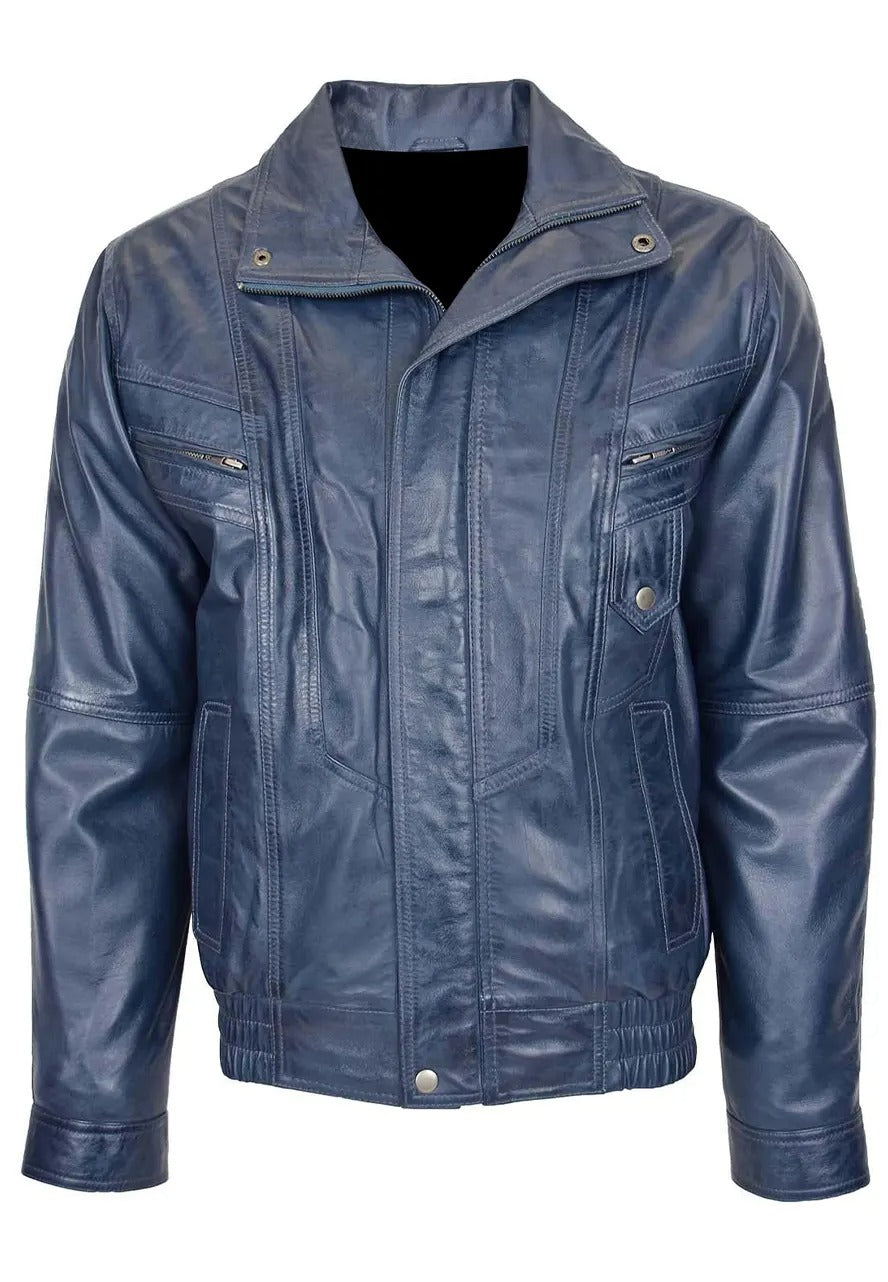 Men’s Blouson Blue Leather Bomber Jacket – Sleek & Modern