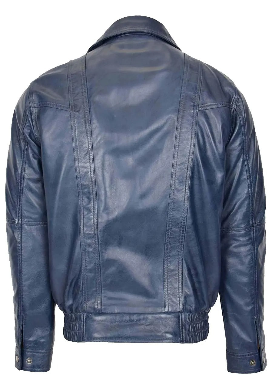 Men’s Blouson Blue Leather Bomber Jacket – Sleek & Modern