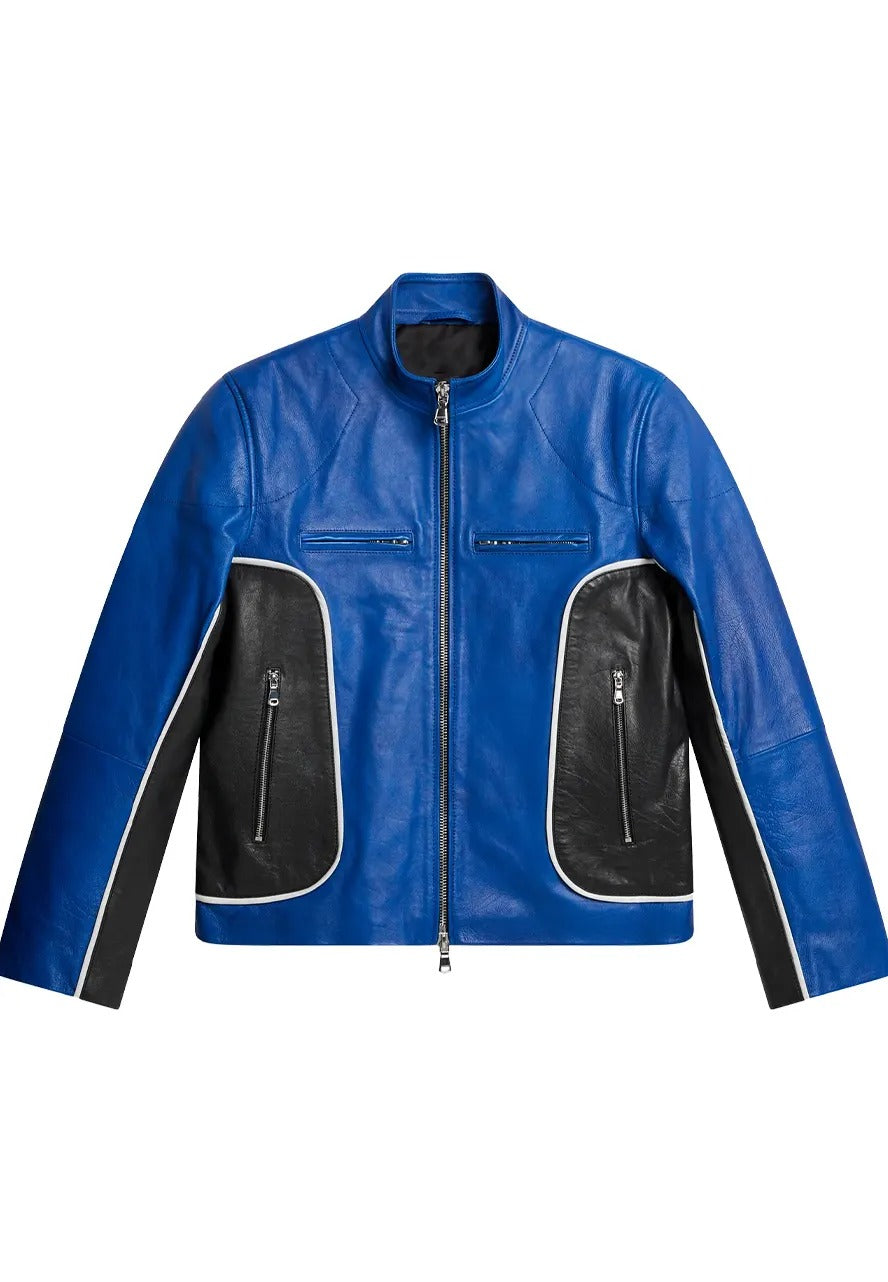 Men’s Blue and Black Leather Jacket – Sleek & Bold