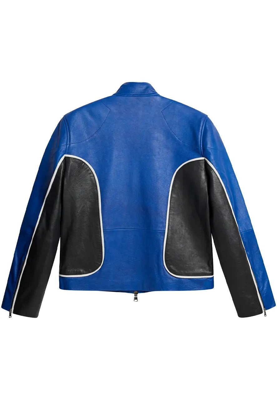 Men’s Blue and Black Leather Jacket – Sleek & Bold