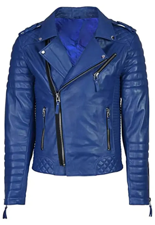 Men’s Blue Biker Leather Jacket – Stylish & Durable