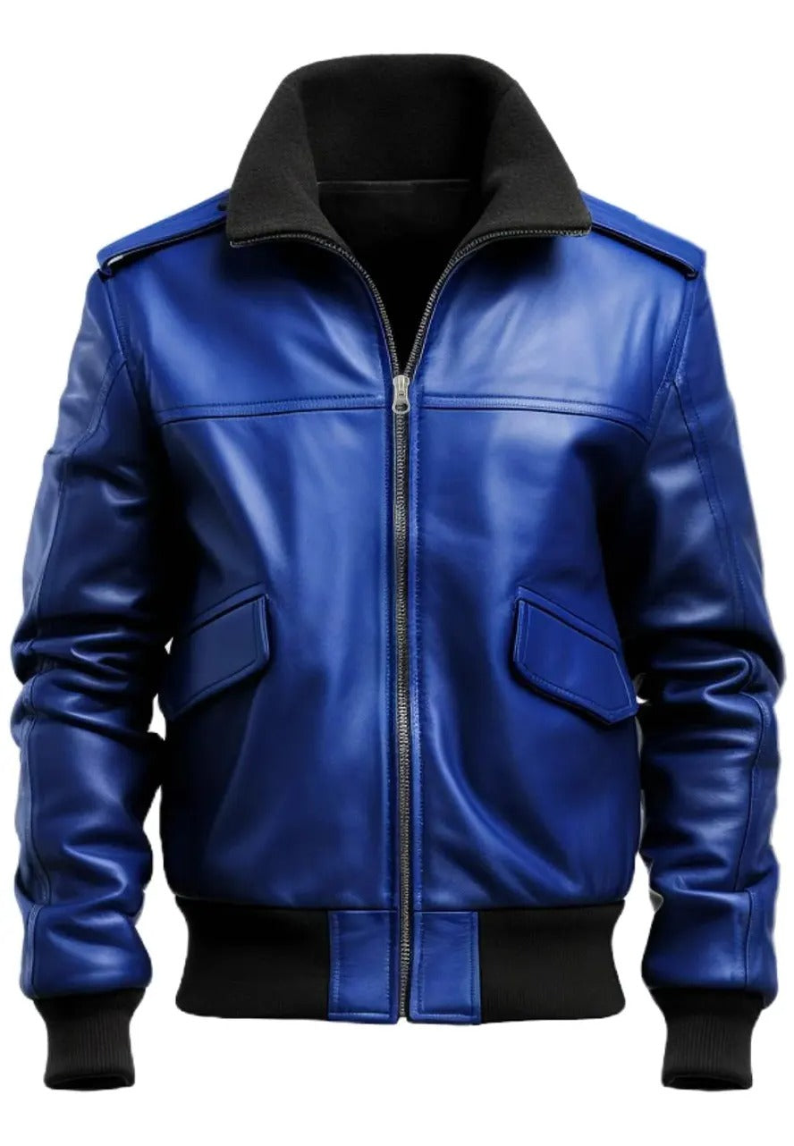 Men’s Blue Leather Bomber Jacket – Stylish & Comfortable