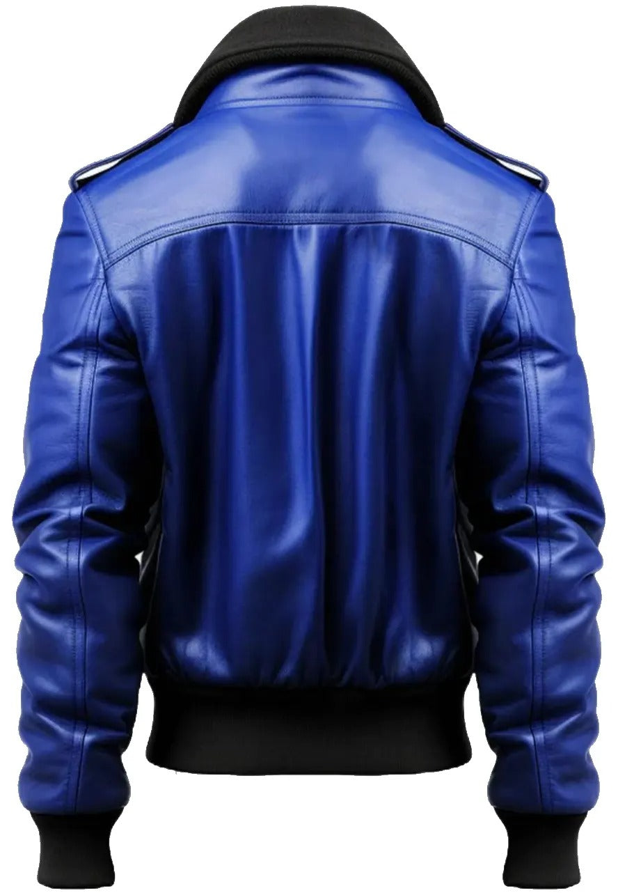 Men’s Blue Leather Bomber Jacket – Stylish & Comfortable