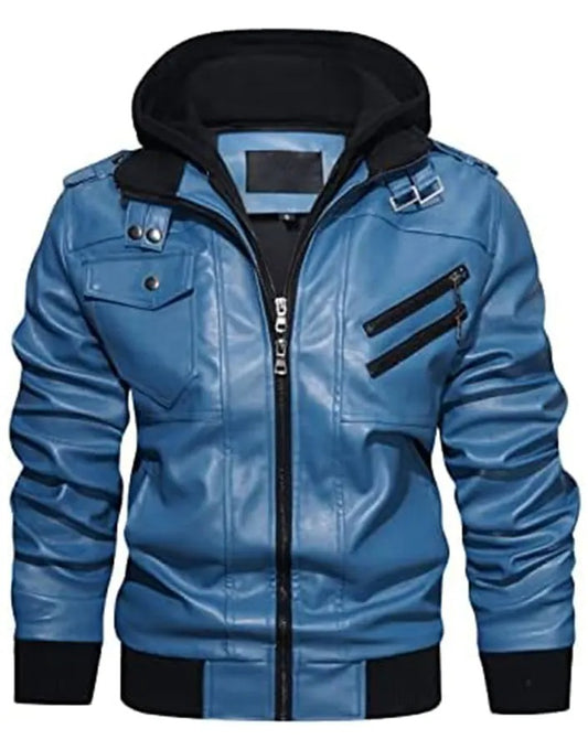 Men’s Blue Leather Jacket with Removable Hood – Stylish & Functional