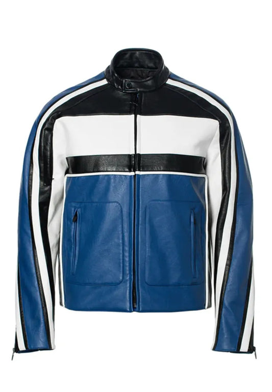 Men’s Blue Leather Racing Biker Jacket