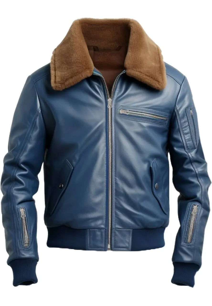 Men’s Blue Leather Shearling Bomber Jacket – Warm & Stylish