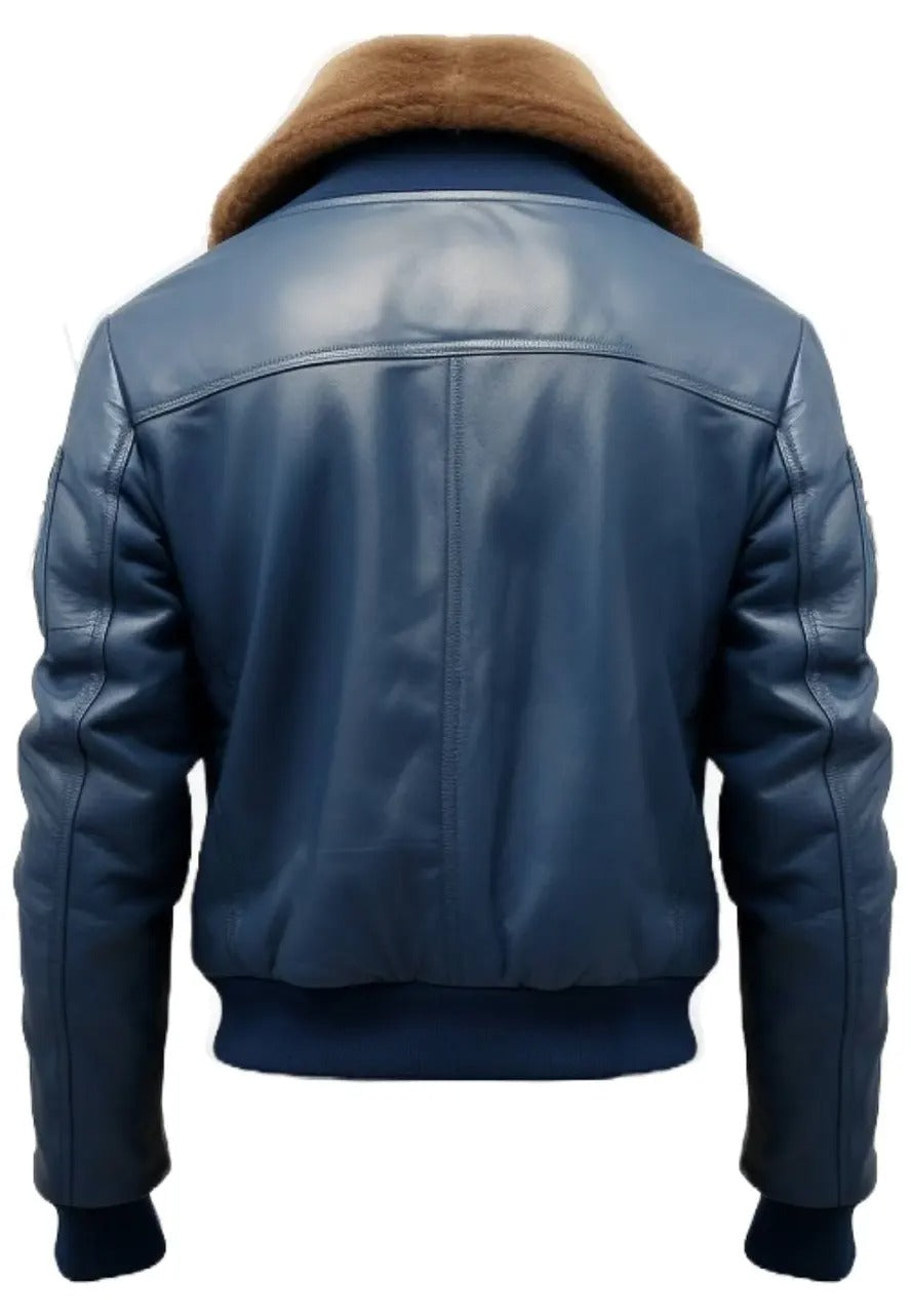 Men’s Blue Leather Shearling Bomber Jacket – Warm & Stylish