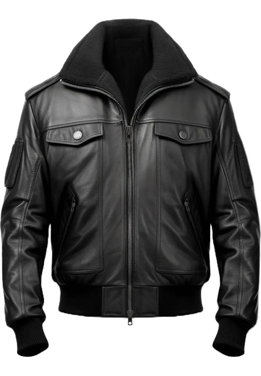 Men’s Black Basic Leather Bomber Jacket – Classic & Stylish