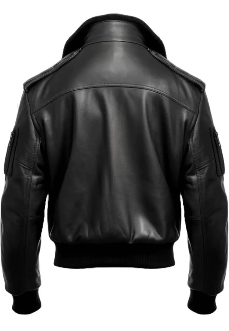 Men’s Black Basic Leather Bomber Jacket – Classic & Stylish