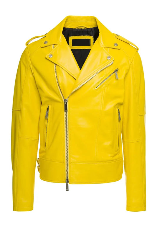 Men’s Bright Yellow Leather Biker Jacket