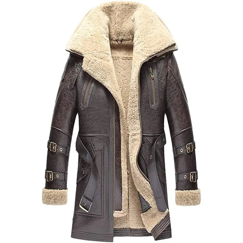 Men's Brown Classic Fashion Long Style Leather Shearling Sheepskin Coat Fur Collar