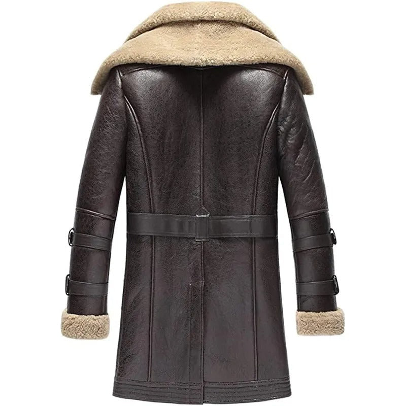 Mens Brown Classic Fashion Long Style Leather Shearling Sheepskin Coat Fur Collar