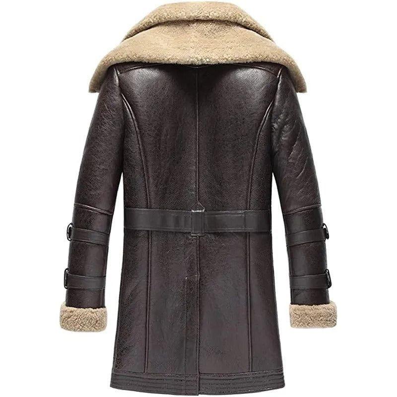 Men's Brown Classic Fashion Long Style Leather Shearling Sheepskin Coat Fur Collar