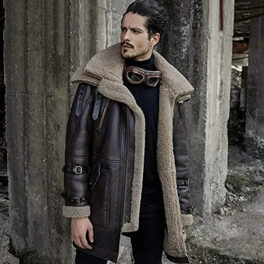Men's Brown Classic Fashion Long Style Leather Shearling Sheepskin Coat Fur Collar