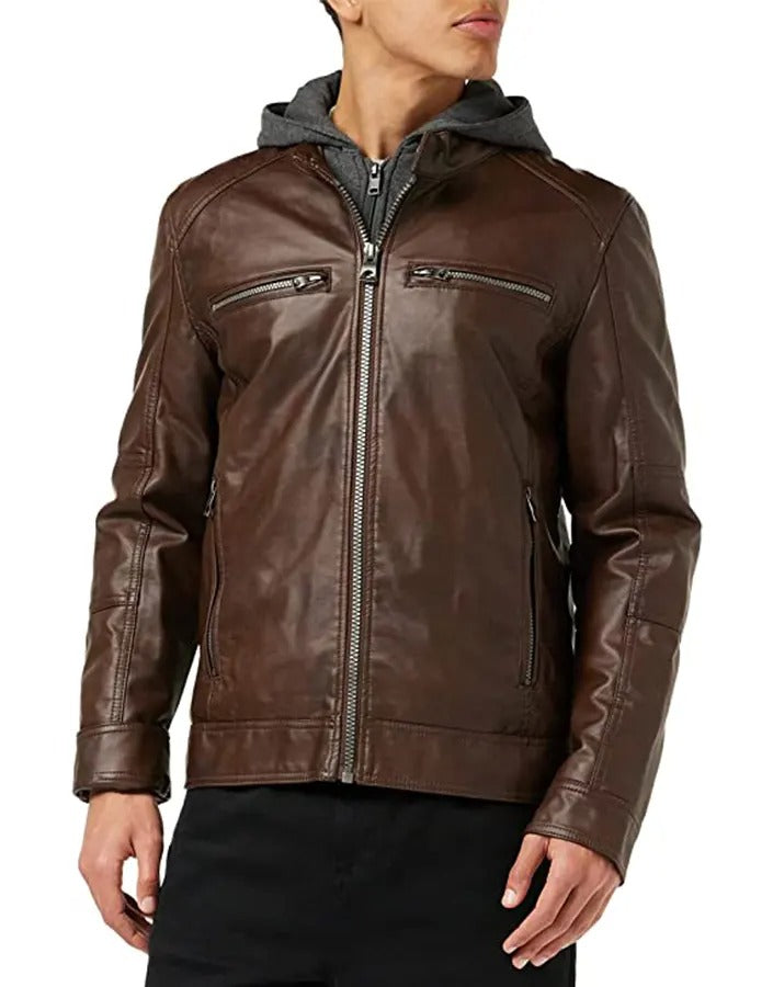 Men’s Brown Leather Hooded Moto Jacket – Stylish & Durable