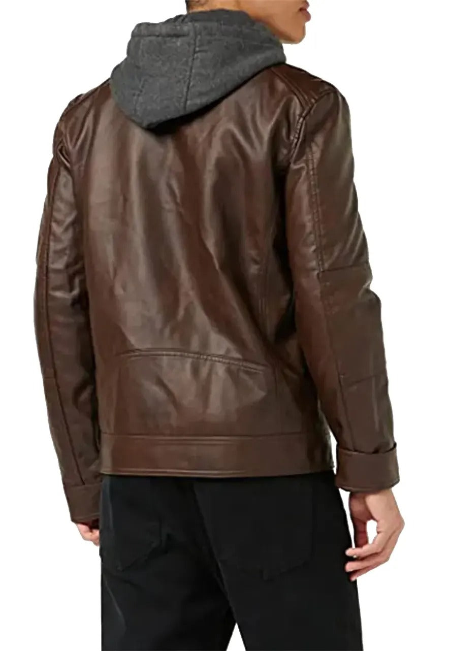 Men’s Brown Leather Hooded Moto Jacket – Stylish & Durable