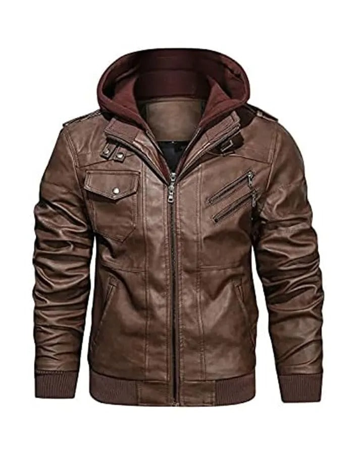 Men’s Brown Leather Jacket with Removable Hood – Classic & Versatile