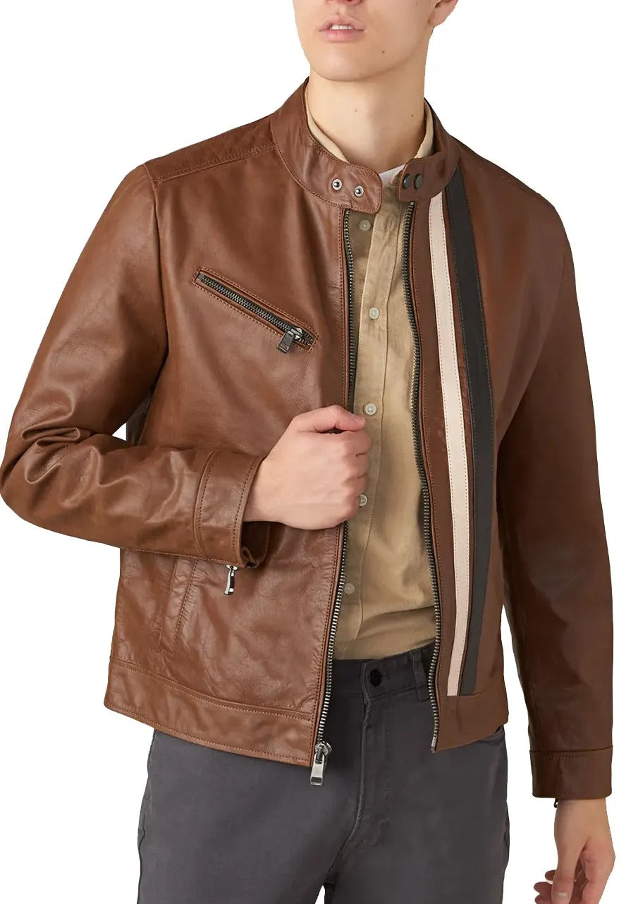 Men’s Brown Leather Jacket with Multi-Stripe – Classic Racer Style